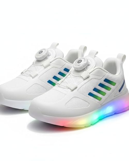 HOOH Kids LED Light Sneakers with Auto Lace Closure, White, Unisex for Boys and Girls, Ages 18 Months to 7 Years