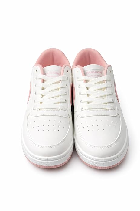 Women Sneakers, White and Pink or White Black, Lace-Up Sports Shoes with Perforated Design