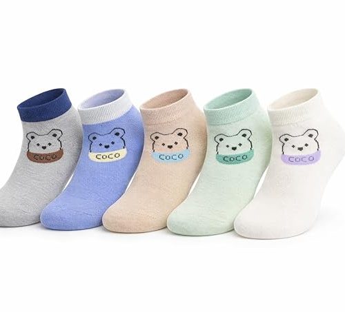 ANESHA BEAR Friendly Bear Kids Ankle Socks 5 Pack Breathable Cotton Pastel Multicolour Soft Age 3-5 Years