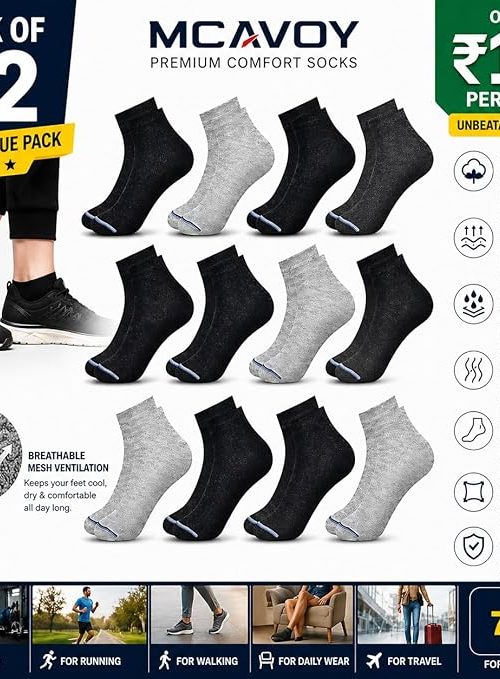 MCAVOY ROME Ankle Length Cotton Socks Men & Women for Sports Unisex Multicolor Socks Ideal for Gym, Casual Wear & Running Odor Free,