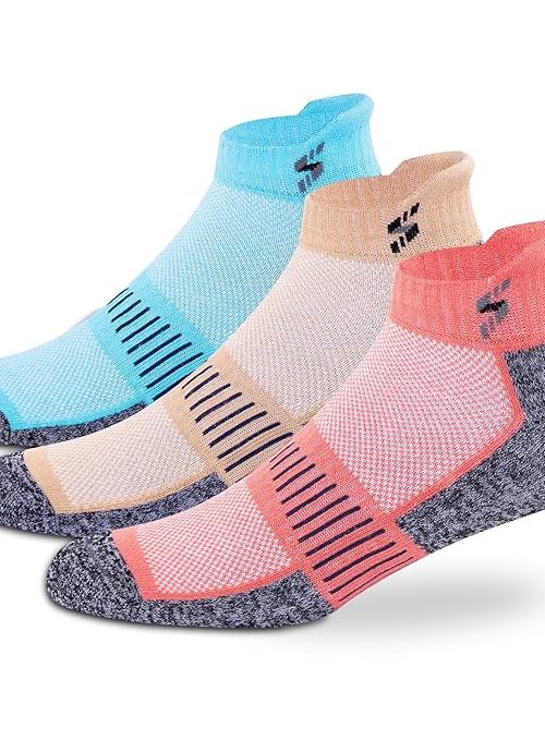 Supersox Ankle Length Socks for Woman | Running & Sports | Durable & Breathable Cotton | Anti-Odor & Antibacterial | Sky Blue, Beige & Pink | Free Size | Pack of 3