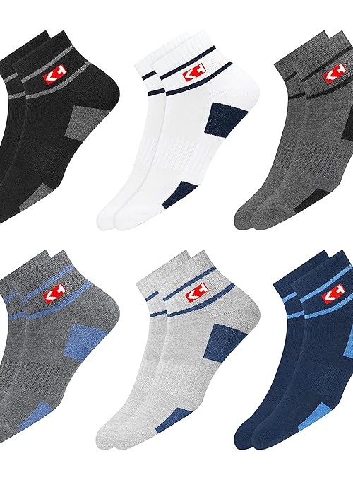 Sports Socks Men with Cushion, Stripe Design, Quarter Length, Pack of 6 (Free Size)